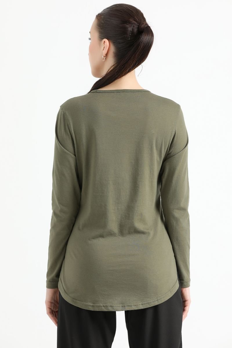 ELONGATED FULL SLEEVE COTTON TEE (ARMY GREEN) - The Orion Fit