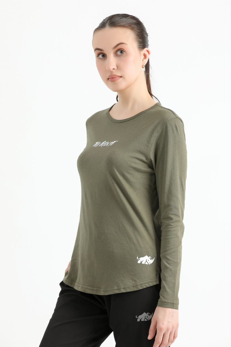 ELONGATED FULL SLEEVE COTTON TEE (ARMY GREEN) - The Orion Fit