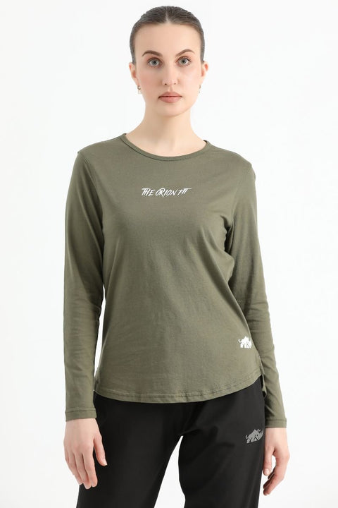 ELONGATED FULL SLEEVE COTTON TEE (ARMY GREEN) - The Orion Fit