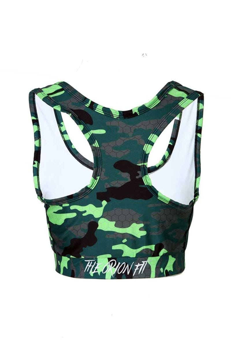 RACER GREEN CAMO SPORTS BRA- MID TIER SUPPORT NON PADDED - The Orion Fit