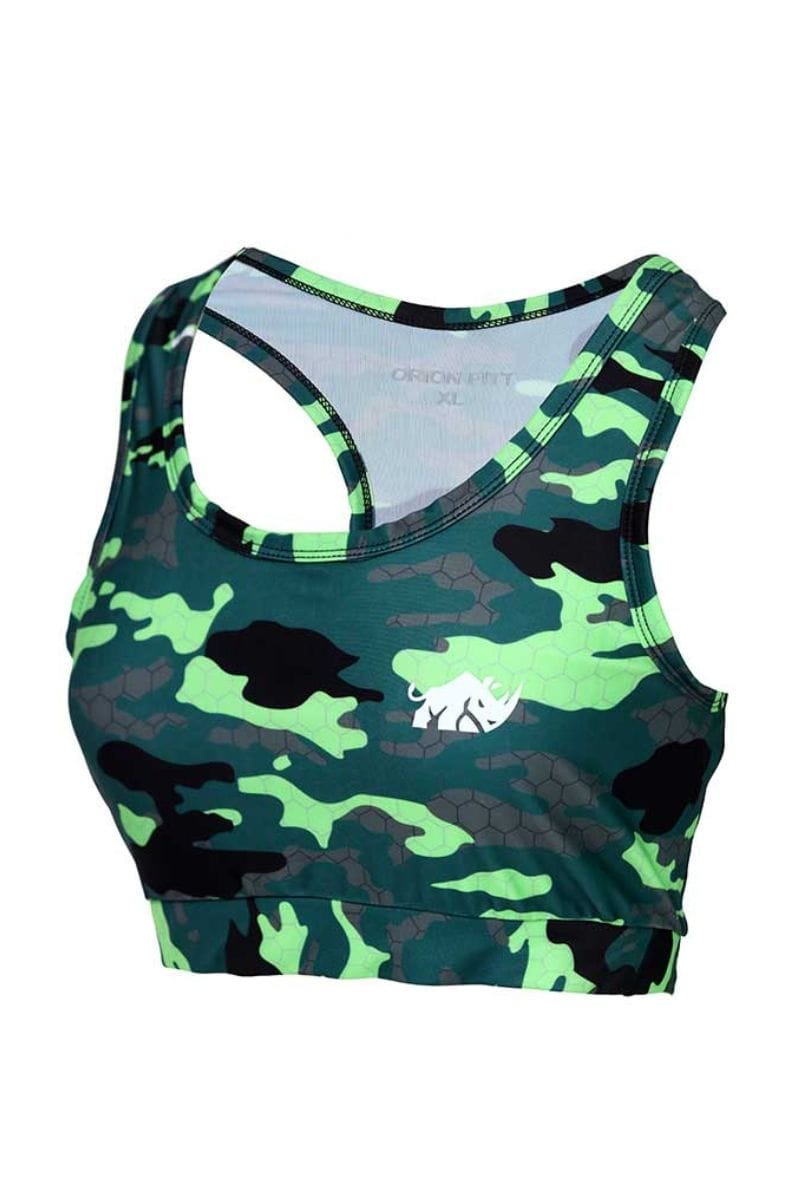 RACER GREEN CAMO SPORTS BRA- MID TIER SUPPORT NON PADDED - The Orion Fit