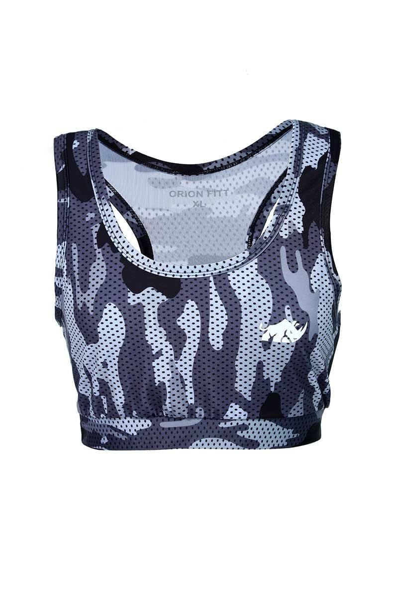 RACER GREY CAMO SPORTS BRA- MID TIER SUPPORT NON PADDED - The Orion Fit
